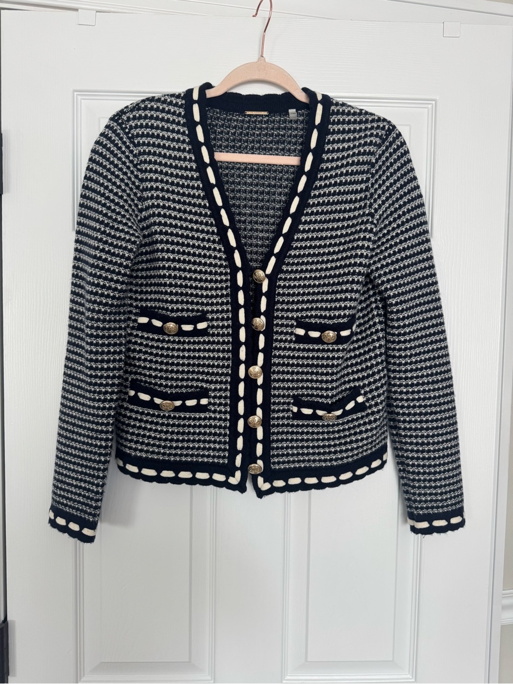 Elie Tahari Navy and White Alta Cardigan Wool/Cashmere - Picture 1 of 12